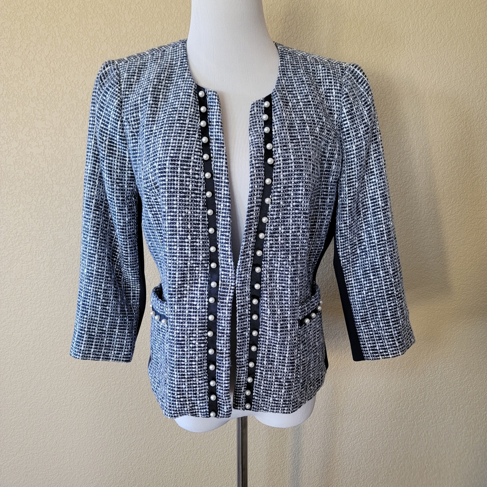 White House Black Market Navy and White Tweed Blazer, Size 10